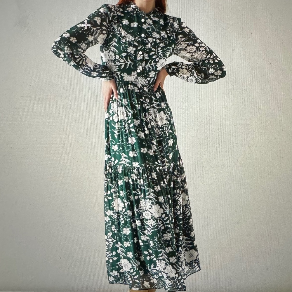 PATTI GREEN AND CREAM WHIMSICAL FLORAL TIERED MIDI DRESS